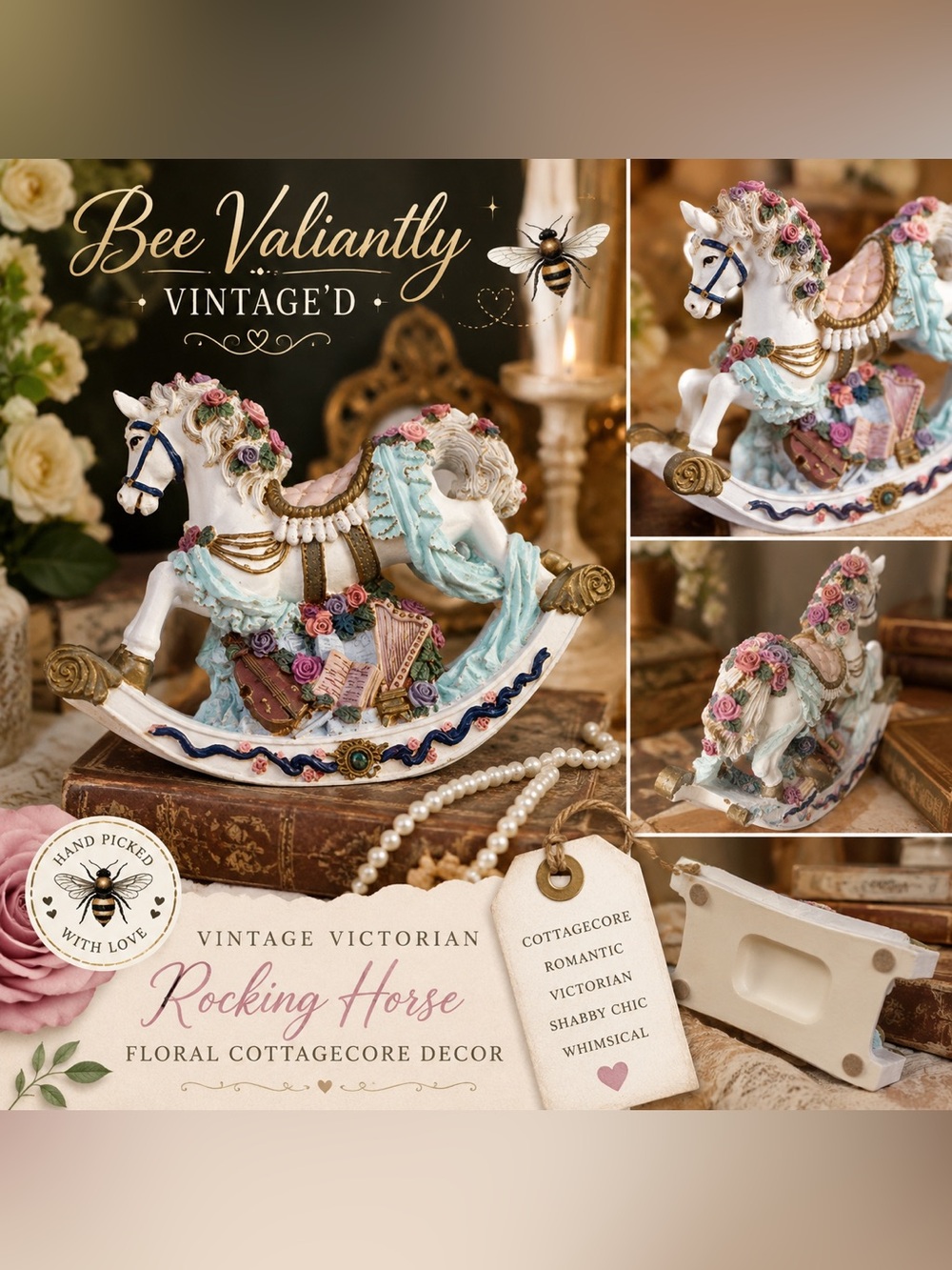 Vintage Victorian Floral Rocking Horse Figurine Cottagecore Resin Decor